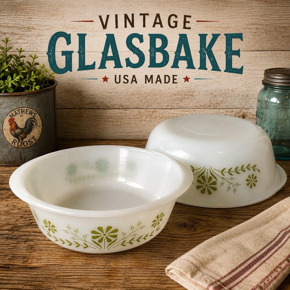Vintage Glasbake J235 Green Daisy Milk Glass 1 Qt Oval Casserole Dish USA